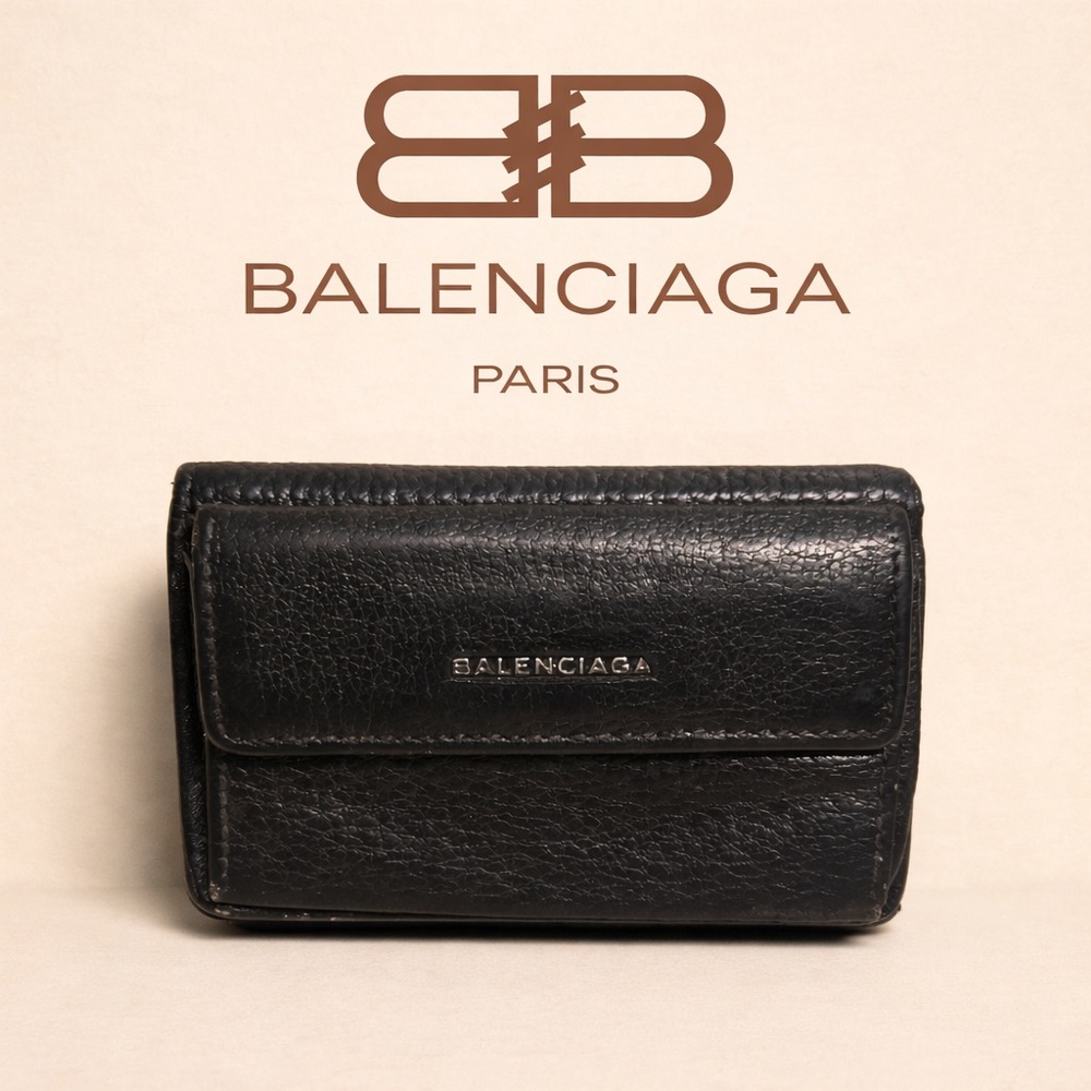 Balenciaga Cash Mini Trifold Wallet in black textured leather